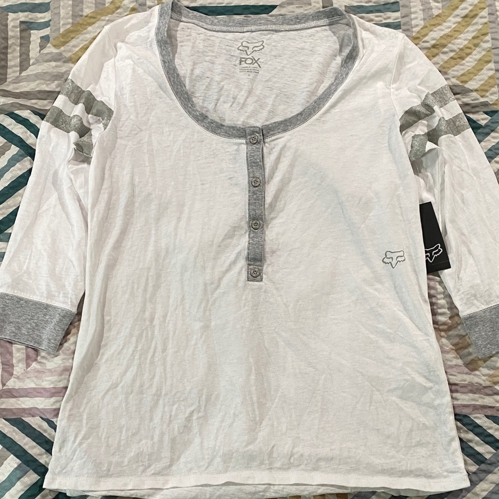 Fox White Henley Tee with Gray Logo